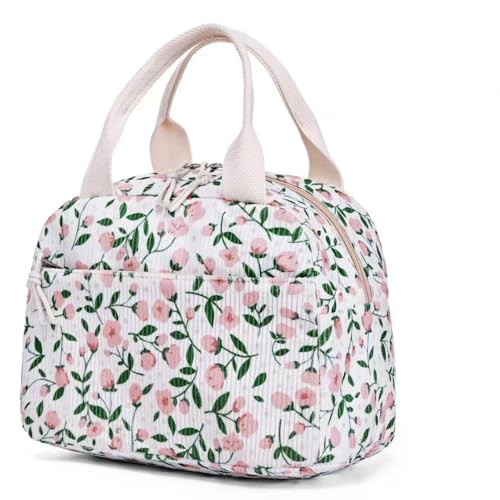 Lunch Bag for Women Grils Adult Cute Corduroy Lunch Tote Bags Reusable Insulated Lunch Box Large Capacity for Work Picnic or Travel (Flower)
