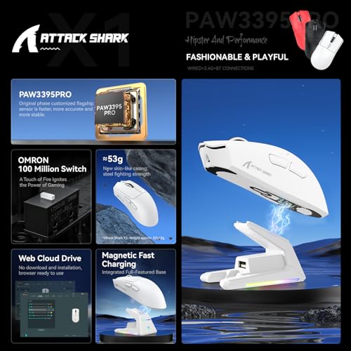Image of X1 Superlight Wireless Gaming Mouse with RGB Magnetic Charging Dock, BT /2.4G Wireless /Wired Gaming Mouse, PAW3395PRO Gaming Sensor, 40000DPI, Tape, 53g Office Mice for PC /Mac /Win /Xbox (White)