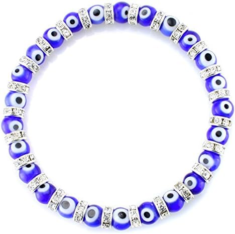 JEWELRIESHOP Turkish Evil Eye Bracelet Murano Glass Beads Beaded Clear Crystal Spacer Bracelet for Women Girls (6mm Blue Eye Beads)