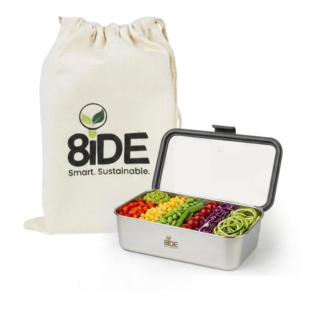 8ide Stainless Steel Lunch Box for Adults 1250ml Leakproof Airtight Food Container Microwave & Oven Safe Metal Tiffin Box Durable Reusable Meal Prep Includes Canvas Drawstring Carry Bag for Lunch