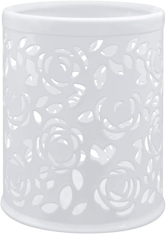 Metal Pencil Pot Holder, Rose Flower Pattern Make Up Brush Cup, Pen Cylinder Container for Desk, White