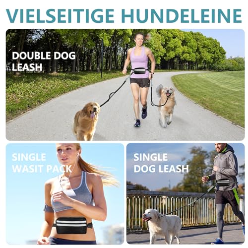 Moorstdel Joggingleine mit Bauchgurt für 2 Hunde,Verstellbar Übungsleine,Freihandleinen für Doppelter Hunde,mit Reflektierend Elastisch Laufleine und Dual Griffe zum Joggen und Walken