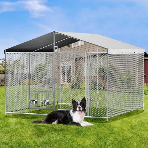 7.5'x7.5' Outside Dog Kennel with Roof Large Metal Chicken Coop with 2 Rotating Bowls and Updated Secure Lock Heavy Duty Dog Kennel for Outdoor Backyard Farm Use