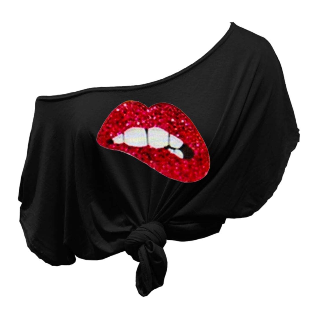 Janisramone T-shirt court ample à manches courtes pour femme Motif imprimé Épaules dénudées Nœud sur le devant - Noir - Medium