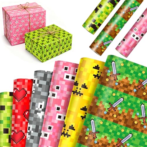 Unvtap Geschenkpapier 12 Blatt Miner Gamer Geschenkpapier 68cm x 51cm Pixel Packpapier, Gift Wrapping Paper für Happy Birthday Party, Einschulung, Geburtstag Deko (6 Stile)