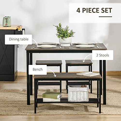 Homcom Industrial Dining Table Set, Kitchen Table And Chairs For 4, Dinner Table With Bench Set With Metal Frame & Storage Shelf, 4 Piece Dinette Set For Dining Room, Rustic Brown #TOP3