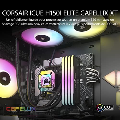 Corsair iCUE H150i ELITE CAPELLIX XT Refroidisseur de CPU Liquide - Trois Ventilateurs AF120 RGB ELITE - Radiateur 360mm - Intel® LGA 1700, 1200, 115X, 2066, AMD® AM5, AM4 -Noir