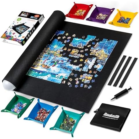 Becko US 2000 Piece Puzzle Mat Roll Up with 6 Sorting Trays & Storage Bag & Black Pump, Jigsaw Felt Mat for Easy Transport & Storage, Portable Puzzle Saver for 2000 1500 1000 500 Pieces Jigsaw Puzzles Cover