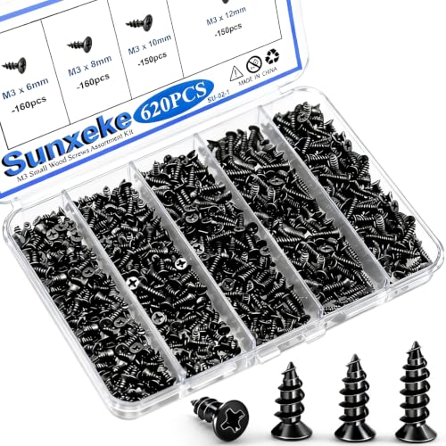 Sunxeke 620PCS M3 Small Wood Screws Assortment Kit,Short Black Screws