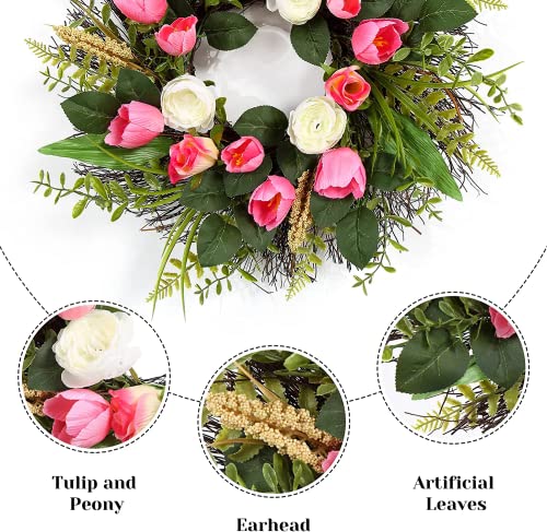 Valentine's Day Wreath Wreaths For Front Door, 22 Inch Pink Spring Summer Door Wreath With Tulip And Green Leaves Farmhouse Floral Wreaths For Window Wall Indoor Outdoor Home Wedding Decor #TOP2