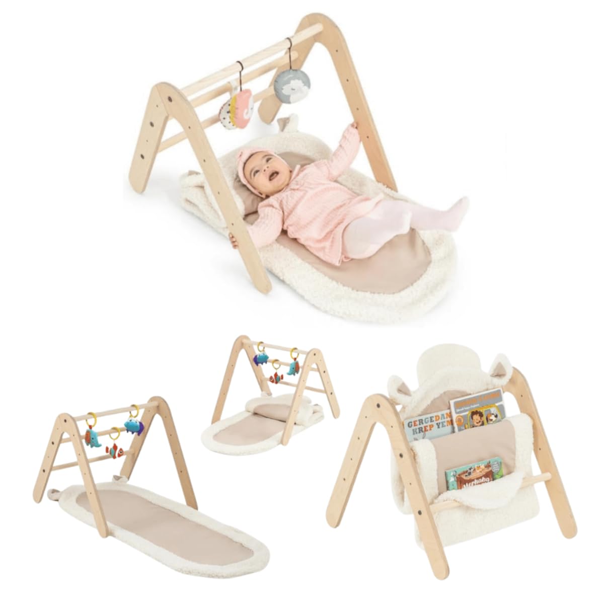 Gimy 2'si 1 Arada Montessori Ahşap Aktivite Merkezi ve Kitaplık, Bebek Egzersiz Aleti