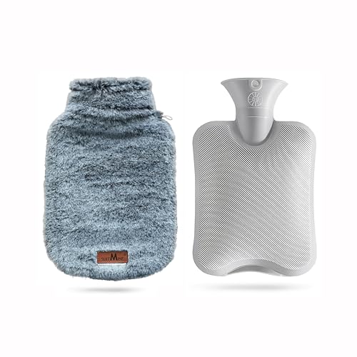 suitmine Hot Water Bottle PVC 2L Leak-Proof with Removable Soft Fluffy Cover for Pain Relief Hot and Cold Therapy,Hands Feet Abdomen and Neck Warmer,Cord Lock,Grey