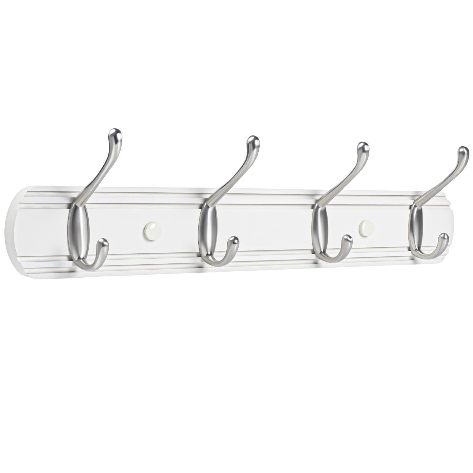 Yundoza White&Brushed Nickel Coat Hooks Wall Mount, Wood Bamboo Wall Coat Rack With 4 Metal Hooks For Hanging Clothes, Towels, Keys, Bags(White&Brushed Nickel)