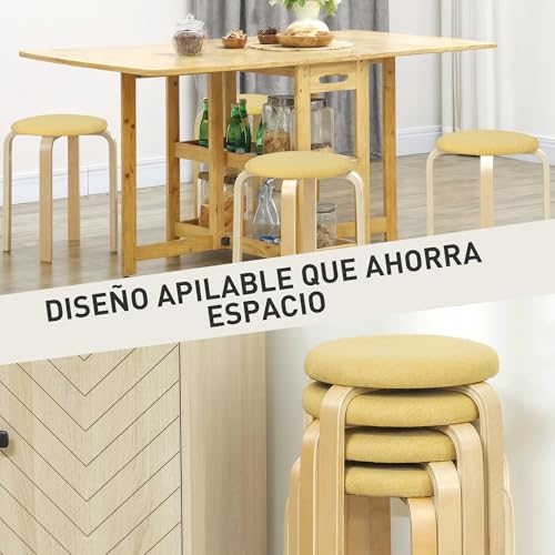 Miniatura 4 de Homcom Juego De 4 Taburetes Apilables Redondos Taburetes Bajo De Cocina Con Asiento Acolchado Para Comedor Dormitorio Oficina Salón Amarillo Y Natural