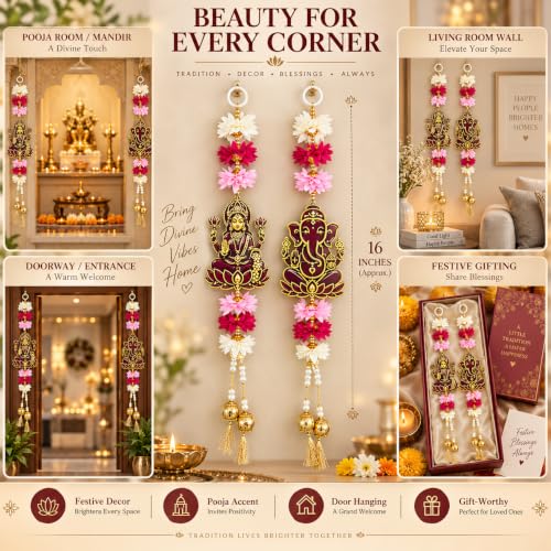 Image of Akaar Decor Lakshmi Ganesha Hanging for Door | Acrylic Festive Latkan with Flowers & Pearls | Diwali Pooja Room Entrance Decor | 16 Inch, Pack of 2