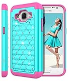 Galaxy Core Prime Case, Style4U Studded Rhinestone Crystal Bling Hybrid Armor Case Cover for Samsung Galaxy Core Prime G360 with 1 Style4U Stylus [Teal / Hot Pink]