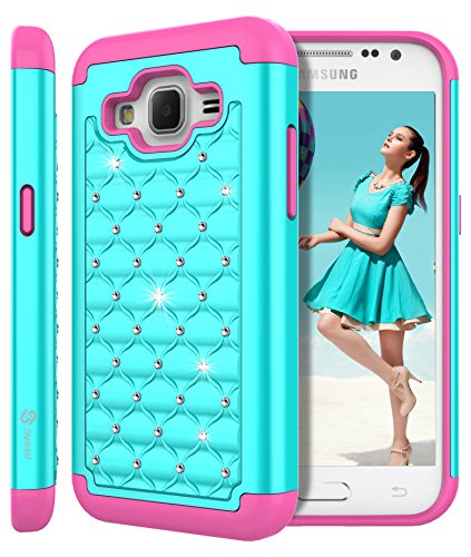 Galaxy Core Prime Case, Style4U Studded Rhinestone Crystal Bling Hybrid Armor Case Cover for Samsung Galaxy Core Prime G360 with 1 Style4U Stylus [Teal/Hot Pink]