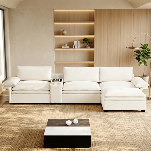 Sofá Modular en L 315cm, Sofá Cama 4 Plazas con Almacenaje y Chaise Longue, Sofá Esquinero de Chenilla con Altavoces Bluetooth, Carga Inalámbrica, LED y Posavasos, Beige/Blanco