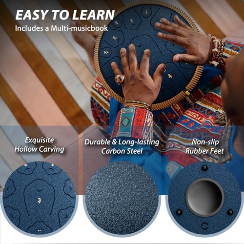 Image of Steel Tongue Drum, 13 Inch 15 Notes Tongue Drums, C Major 440 Hz Drum Percussion Instruments, Handpan Drums with Music Book, Drum Mallets and Carry Bag (Navy Blue)