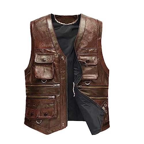 Kelsiop Men's Leather Vest First Layer Cowhide Vest Stylish Multi-Pocket V-Neck Vest