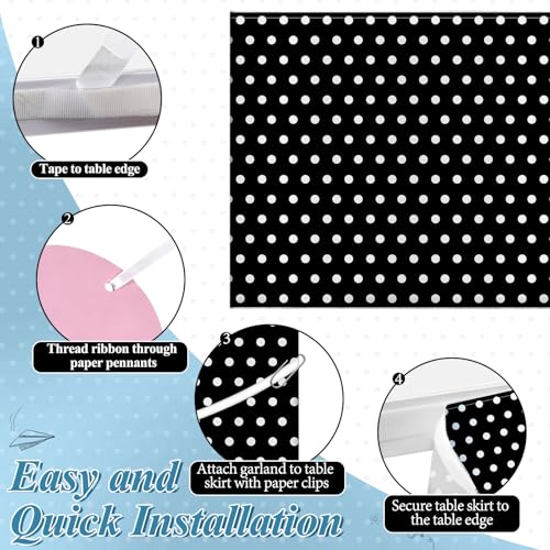 Image of 9FT Black Base White Polka Dot Table Skirt Set with 18PCS Pastel Paper Circles Teacher Desk Skirt for Classroom Decor Back to School Party Supplies Rectangle Cabinet Curtain for Office Dorm
