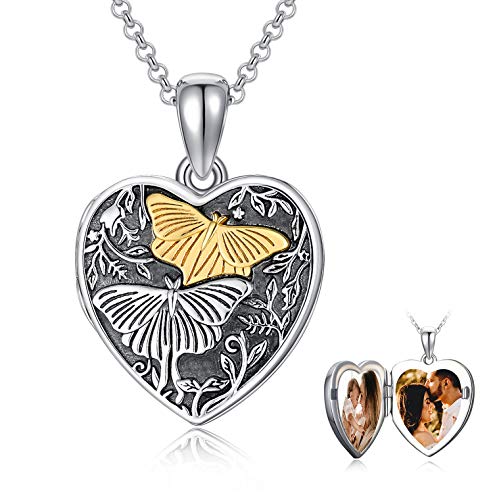 ROMANTICWORK Locket Necklace That Holds Pictures Sterling Silver Butterfly Heart Shaped Pendant Necklace with Photo Memorial Custom Jewelry Gift for Women Mother 18inch Chain