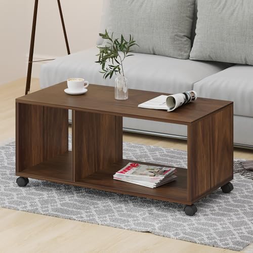 Image of BLUEWUD Taury Engineered Wood Coffee Center Sofa Tea /Teapoy Console Table with Wheels or Casters for Sofa Set Living Room Home Hall Furniture (Brown Maple)