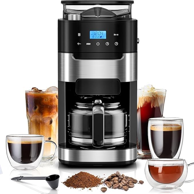 Kismile 10-Cup Digital Drip Coffee Maker with Built-In Grinder, 12-Hour Timer, Programmable, 1.5L Water Tank, Keep-Warm Function, Combo Brewer and Grinder for Home & Office Use - Amazon product rated Grade B