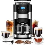 Kismile 10-Cup Digital Drip Coffee Maker with Built-In Grinder, 12-Hour Timer, Programmable, 1.5L Water Tank, Keep-Warm Function, Combo Brewer and Grinder for Home & Office Use