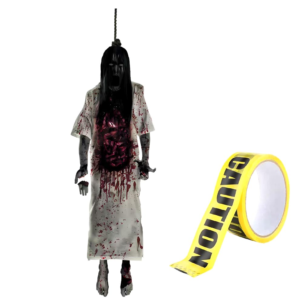 Halloween Ghost Door Cover, Giant Bloody Ghost with Warning Tape, Halloween Props Poster Scary Zombie Creepy for Haunted House Decor Halloween Party Favor