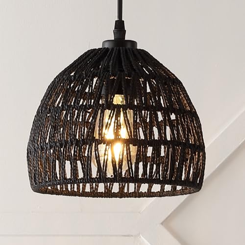 Image of JONATHAN Y 8.25 inch Black Modern Bohemian Woven Rope LED Pendant Light Fixture, Adjustable Dome Ceiling Lamp for Kitchen Island, Rope Shade, Coastal Farmhouse Decor (JYL6512B)