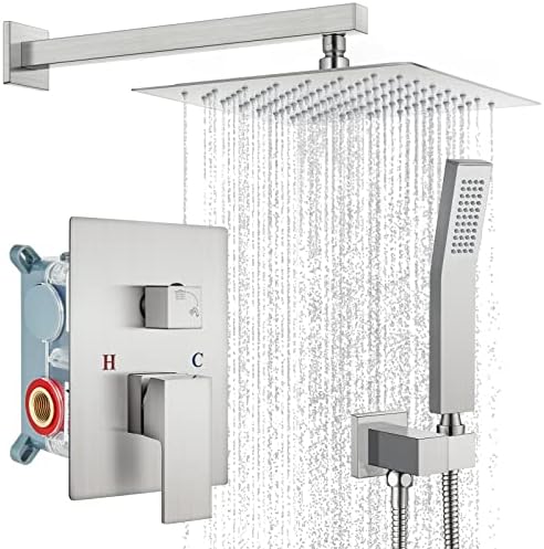 gotonovo 10" Rain Shower System Brushed Nickel Luxury High Pressure Shower Head Bathroom Shower Faucet Set Hand Held Spray Rough-in Valve and Shower Trim Included