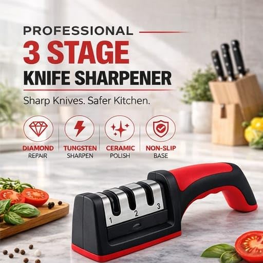 Image of Knife Sharpener with 3-Stage Sharpening System | Manual Kitchen Sharpener for Home | Professional Sharpening Tool for Steel & Ceramic Knives