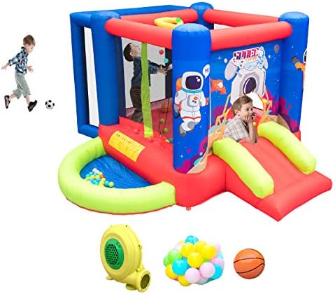 WELLFUNTIME Inflatable Bounce House with Slide, Jumping Castle with Blower for Kids Play House with Wave Pool