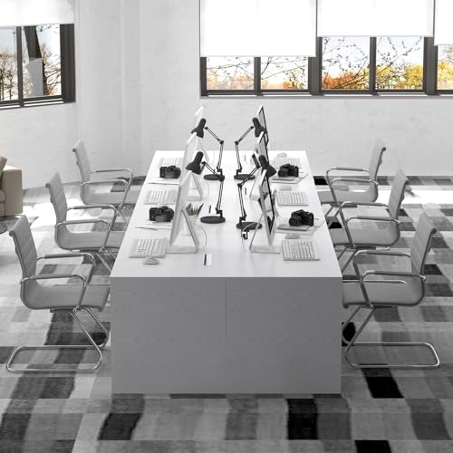 Image of Conference Room Chairs Set of 6, Waiting Room Chairs with Arms, Faux Leather Reception Chairs No Wheels, Office Guest Chairs with Mid Back Support and Chrome Sled Base, Grey
