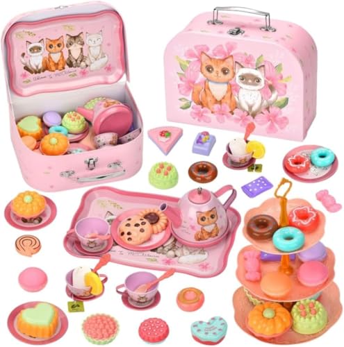 EZ週末アフタヌーンティーおもちゃおままごとティーセットおやつおもちゃごっこ遊び食器お茶お菓子ティーポットビスケットケーキデザートキャンディーデザートスタンド親子遊び知育玩具食べ物認知誕生日プレゼントお礼の品女の子クリスマス進学祝いギフト (猫のアフタヌー