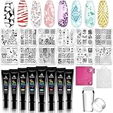 Biutee Nail Stamper Kit 12Pcs Nail Stamping Plate 8Pcs Stamping Gel Polish Nail Stamping Kit with Silicone Stamper Scraper Storage Bag Lace Plaid Stamp Template Holiday Gift for Women