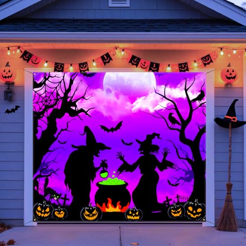 Image of 7x8ft Halloween Garage Door Cover, Witch Garage Door Cover Hanging Witch Backdrop Banner Halloween Wall Decorations for Outdoor Indoor Single Garage Door Skins