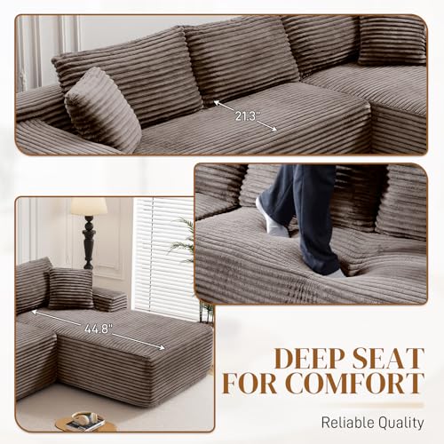 Image of 95 inch L Shaped Boneless Sectional Couches, Wide Armrest, Deep Seat, Memory Foam, Assembly Free, Modern Comfy Corduroy Fluffy Cloud Sofa with Left Chaise for Living Room, Small Spaces, Brown