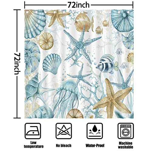 Cyrekud Nautical Coastal Shower Curtain Beach Ocean Starfish Coral Seashell Undersea Bathroom Set Summer Watercolor Ocean Nautical Home Bath Bathtub Decor Durable Fabric Machine Washable With 12 Hooks #TOP2