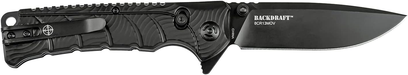 Elite Tactical - Manual Folding Knife w/D.L.M. - BACKDRAFT - Fine Edge Drop Point Blade, 8Cr13 Steel, Ball Bearing Pivot, Nylon Fiber Handle w/Reversible Deep Carry Pocket Clip, EDC - ET-FDR011BK