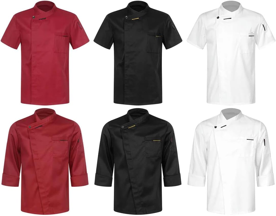 Mens Chef Shirt Work Uniform Cross-Over Collar Chef Coat Kitchen Hotel Cooking Jacket with Pockets Chef Tops