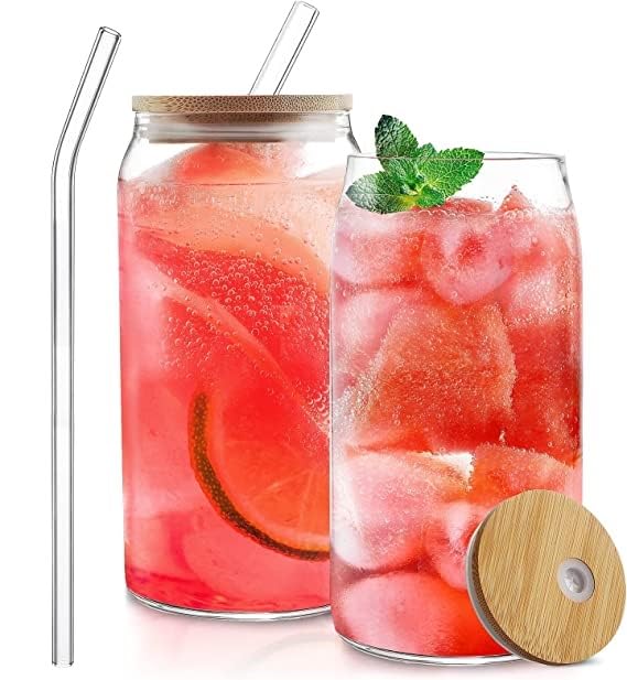 KAMVY Glass Cups with Bamboo Lids and Straws 1pcs Set, 540ml Can Shaped Glass Cups, Beer Glasses, Iced Coffee Cups, Cute Tumbler Cups with Glass Straw, Ideal for Cocktail, Whiskey, Tea, Gift
