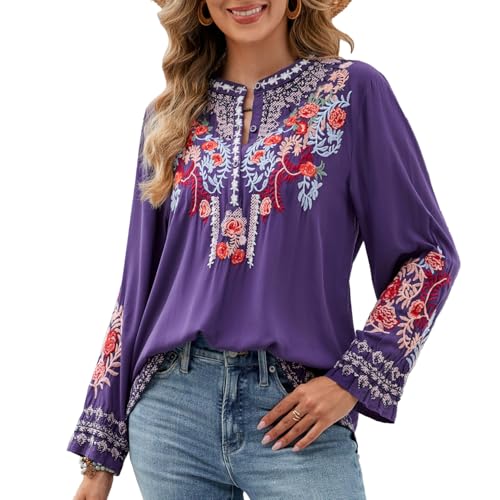 Womens Fall Fashion Long Sleeve Mexican Shirts Embroidered Tops Peasant Blouses Boho Clothes for WomenTrendy