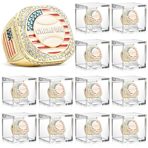 Landical 12 Set Baseball Championship Ring with Display Case and Stand Holder Championship Ring Box Acrylic Display Case and Holder Champion Trophy Rings for League Winner(Gold)