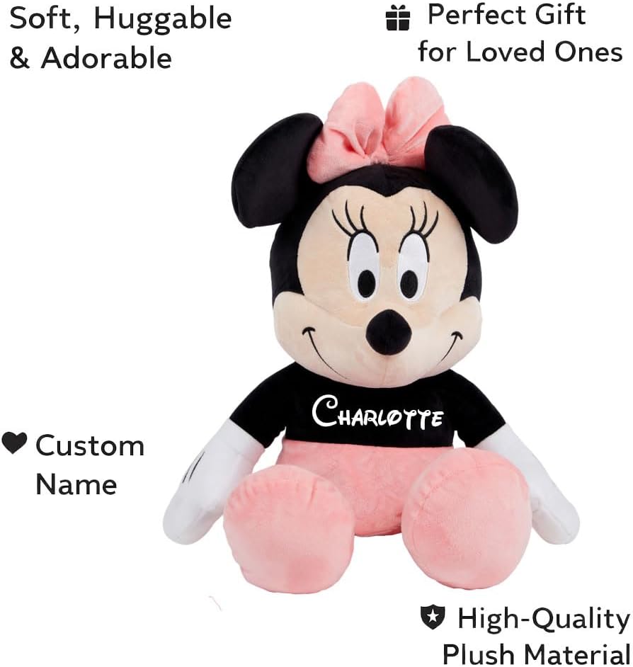 Disney Official Minnie Mouse Personalized Soft Toy for Kids, 10 Inch Cuddly Character with Fuzzy Texture and Embroidered Details, Flexible Floppy Ears, Plushy Suitable for All Ages