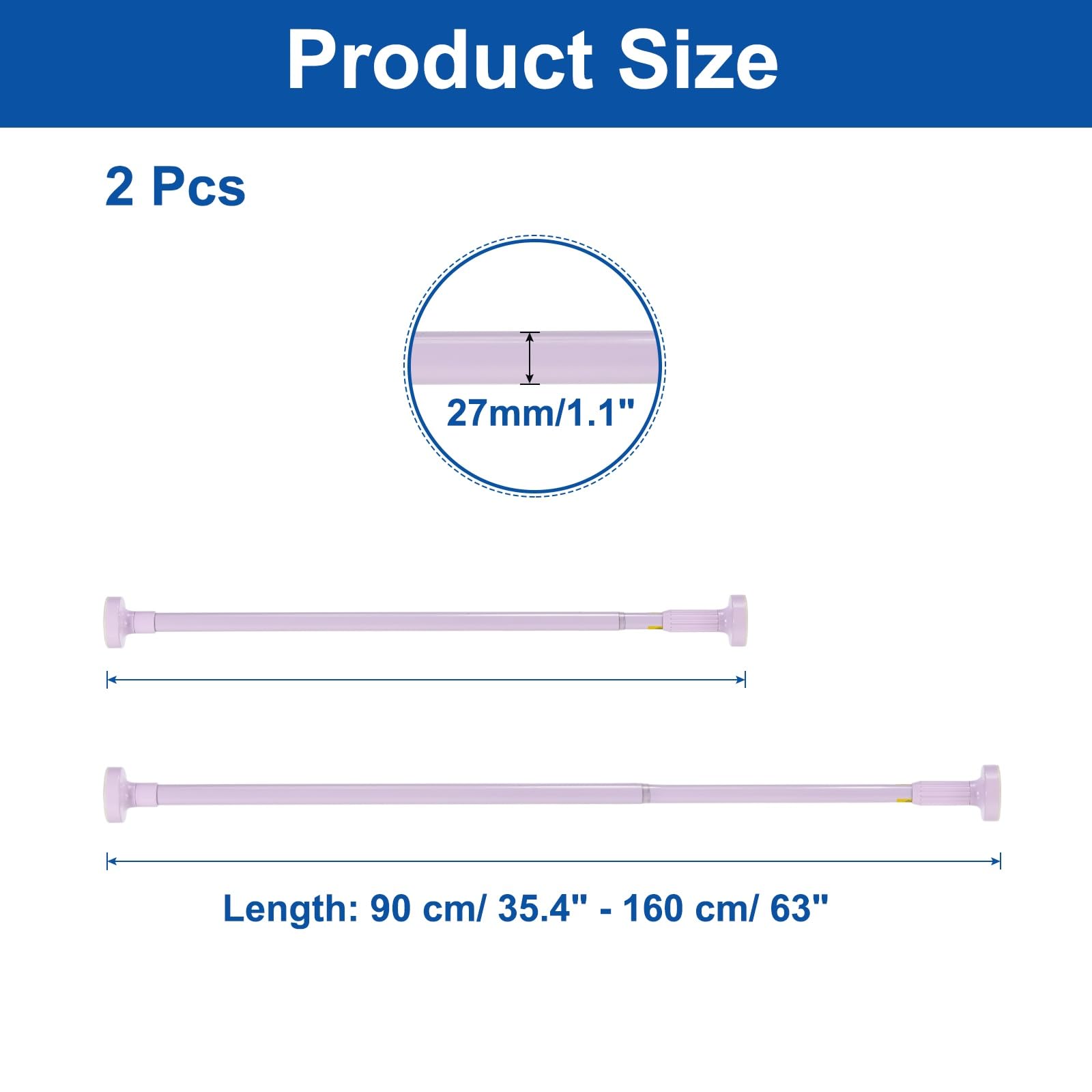 Lot de 2 tringles à rideaux réglables de 91,4 cm à 160 cm sans perçage en acier au carbone extensibles pour fenêtres, portes et armoires Finition violette