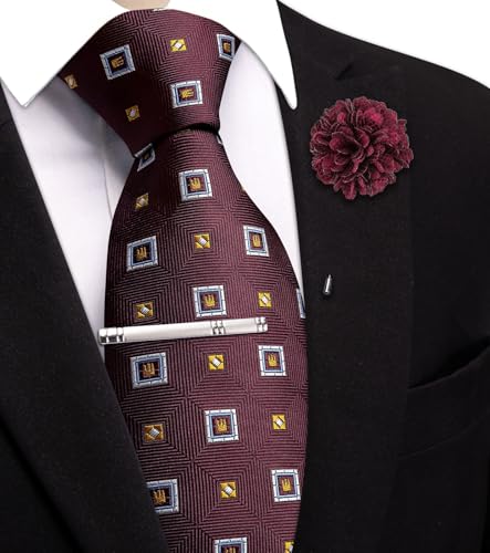 Image of Hi-Tie 63 inches Striped Paisley Extra Long Ties for Men Silk Necktie with Lapel Pin Tie Clip Big and Tall Men Formal Wedding