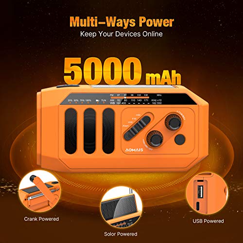 AOMAIS Emergency Radio, 5000mAh Hand Crank Solar Weather Radio, NOAA/AM/FM Portable Radio with LED Flashlight&Reading Lamp, USB Cell Phone Power Charger, SOS Alarm for Home, Camping&Survival