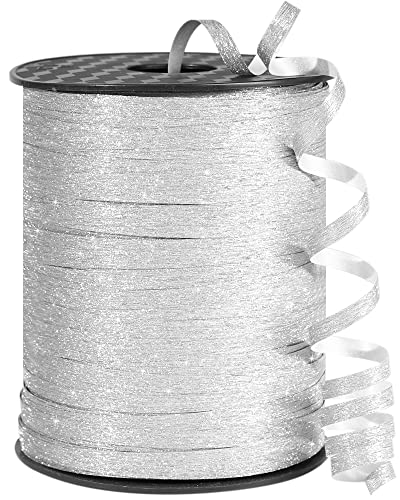 Image of PartyWoo Silver Glitter Ribbon - 500 Yard Curling Ribbon for Balloons, Crafts, Gift Wrapping, Weddings & Floristry (1 Roll)
